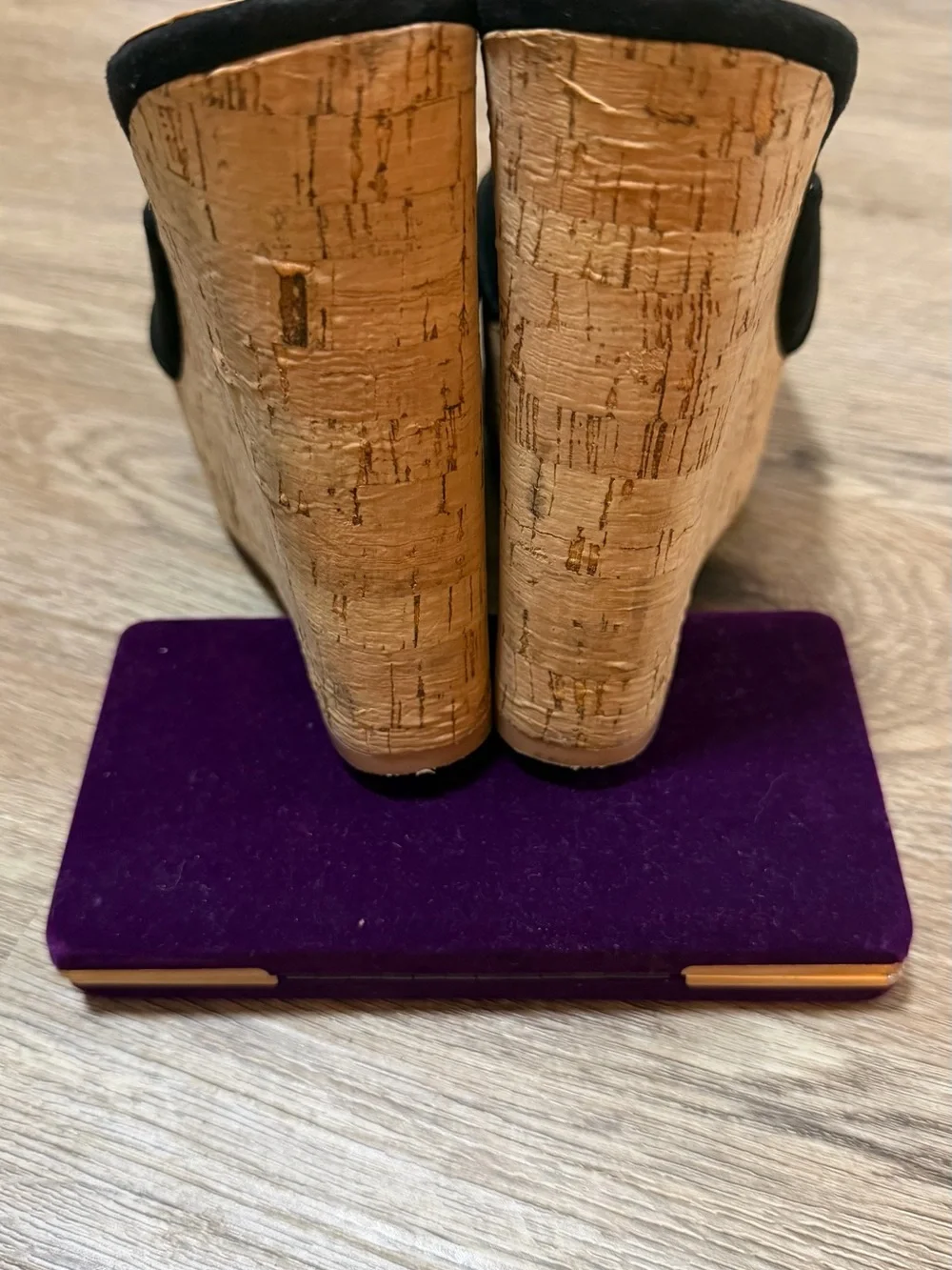Express Black Suede Cork Platform Wedges